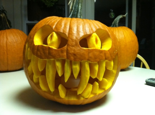Scary carved jack-o-lantern pumpkin